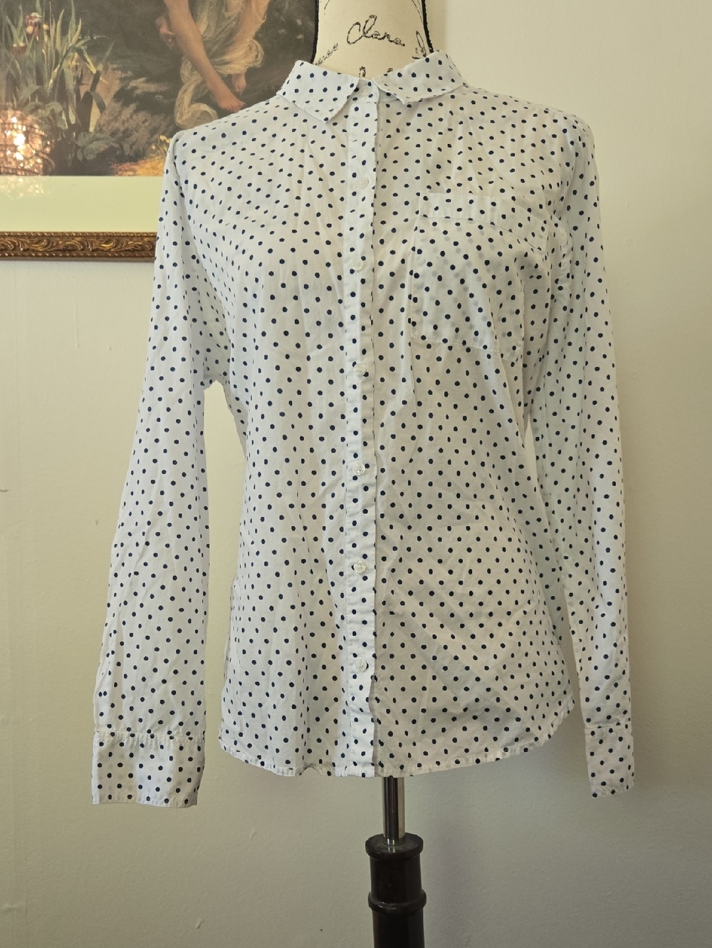 Liz Claiborne White Shirt with Navy Polka Dots